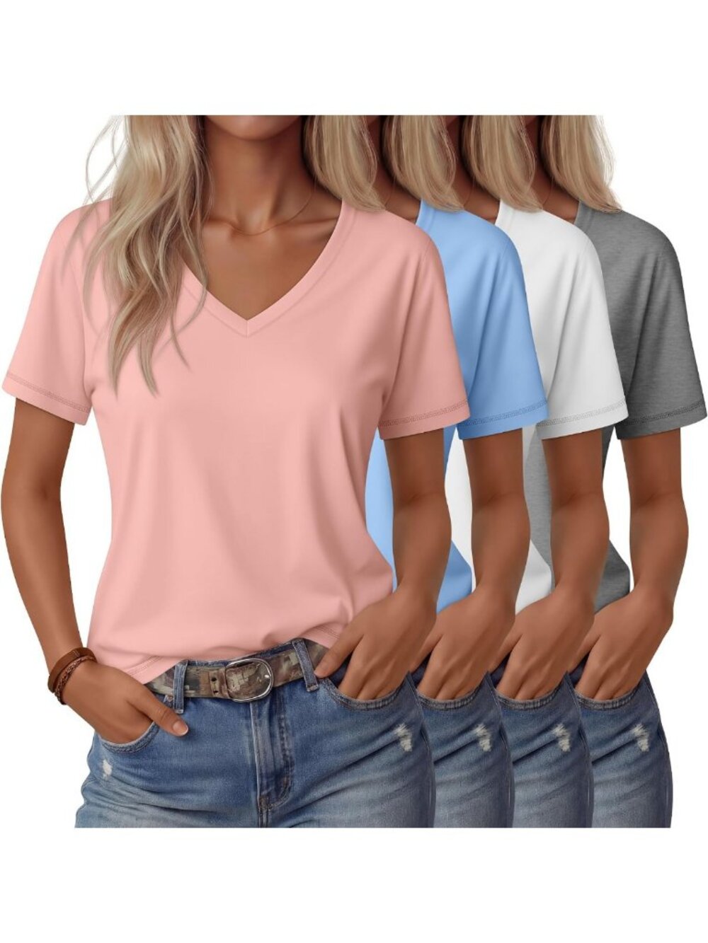 4 Pack Women's V-Neck T-Shirts - Soft Cotton, Casual Style, Versatile Basics